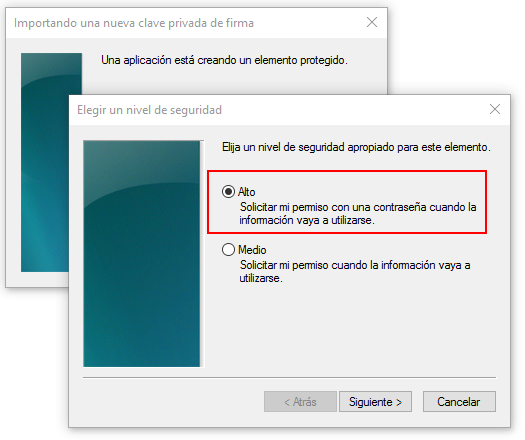 cert20b Nivel de seguridad Alto para certificado, paso 1