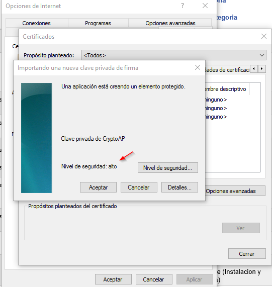 cert21 Nivel de seguridad Alto para certificado, paso 3