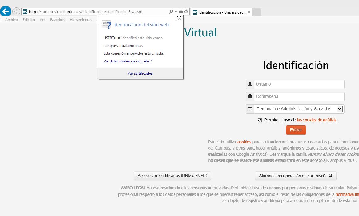 internetexplorer Verificación de página de inicio de sesión con Explorer/Edge