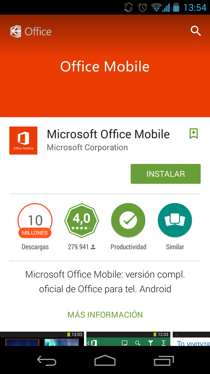 Botón de instalación de Microsoft Office en Android