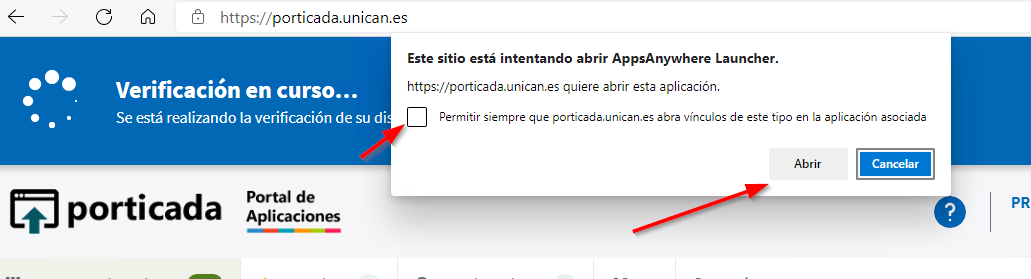 Ventana para aceptar la apertura de la aplicación AppsAnywhere desde un navegador