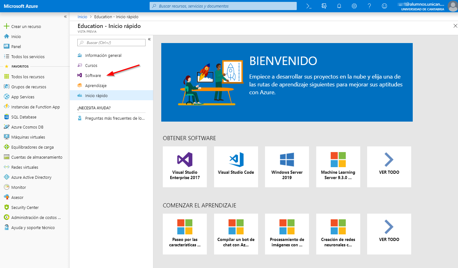 Ubicación de la sección de Software en Azure Dev Tools for Teaching