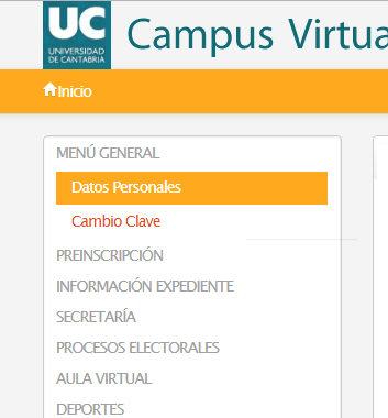 Ubicación de "Datos personales" en el Campus Virtual UC