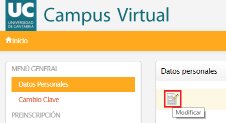 Opción "Modificar" de los datos personales en el Campus Virtual UC