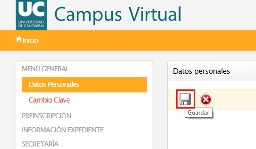 Opción para guardar los cambios efectuados en los datos personales en el Campus Virtual UC