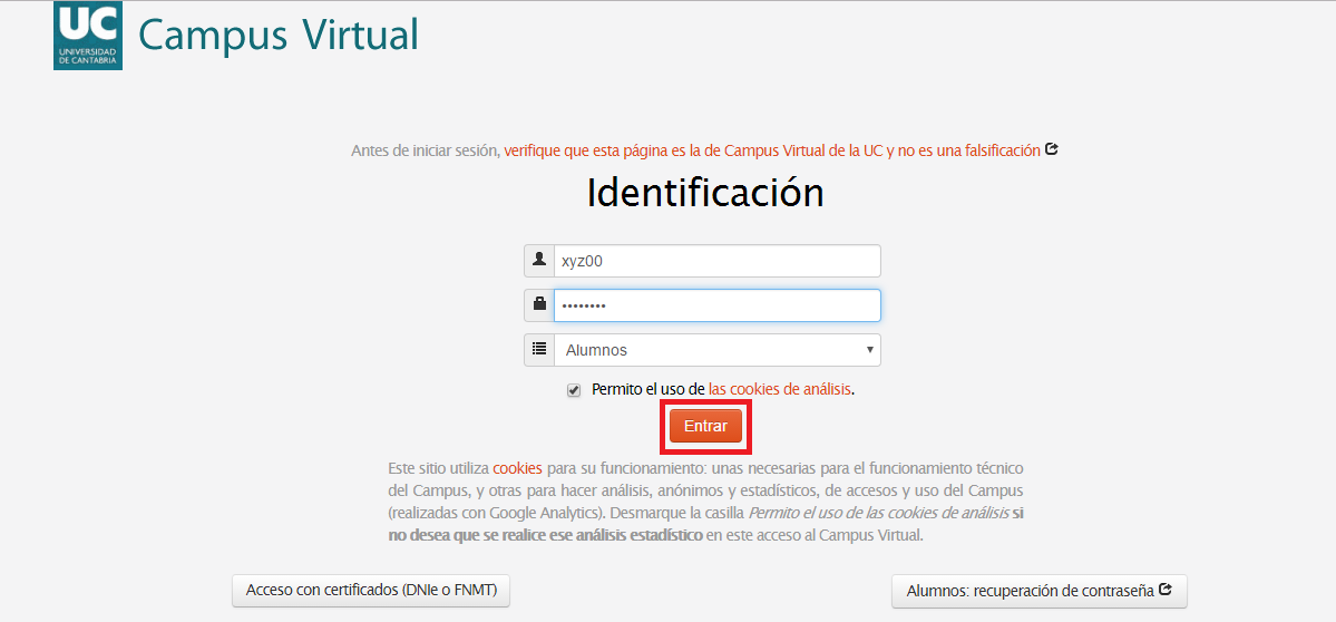 Validación en el Campus Virtual UC
