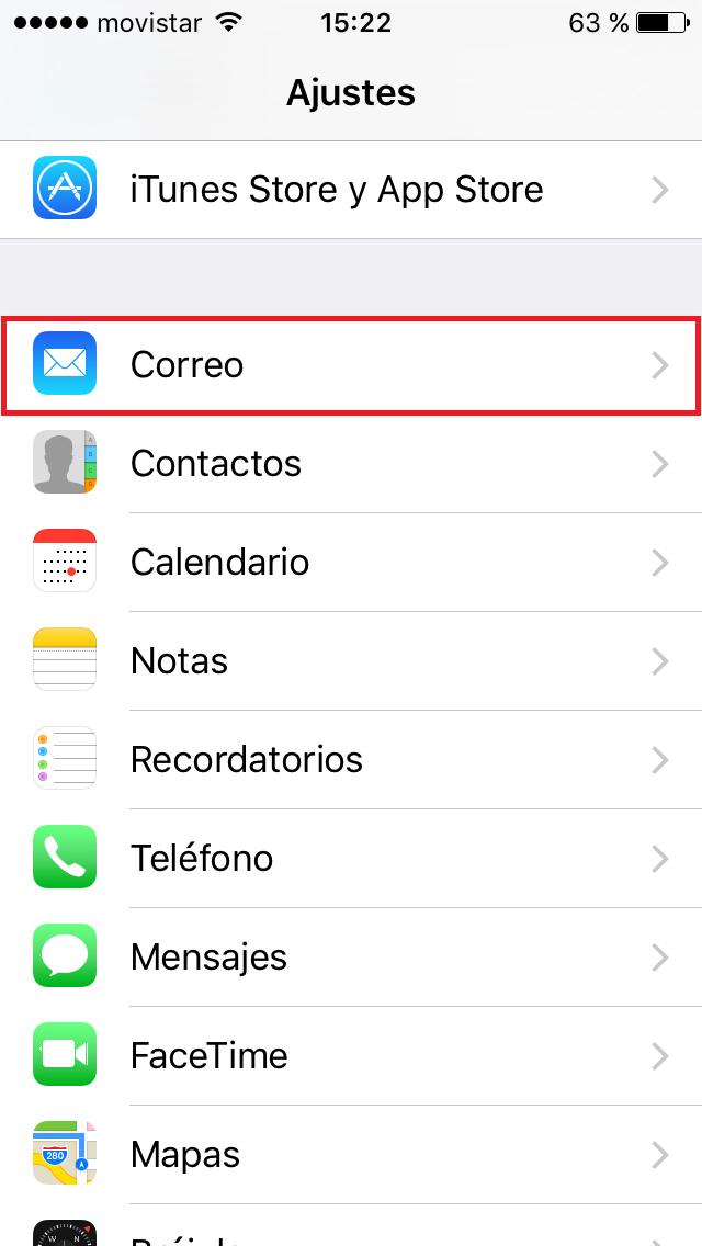 Selección de aplicación Mail en iPhone