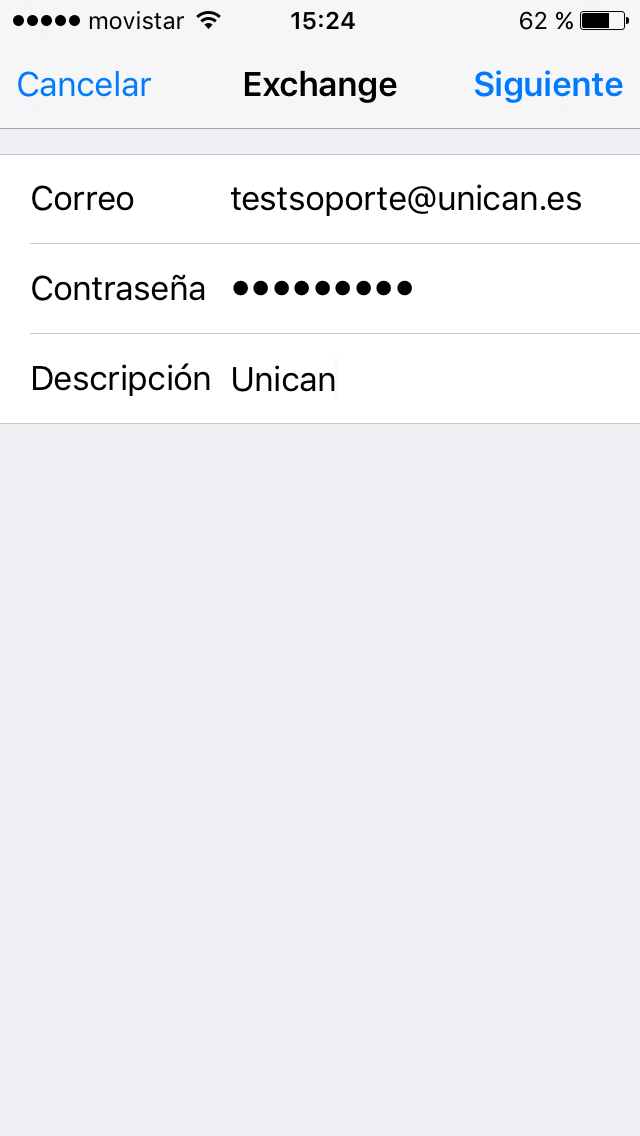 Introducción de credenciales en Mail de iPhone