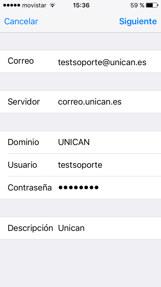 Introducción de datos de cuenta Exchange en Mail de iPhone