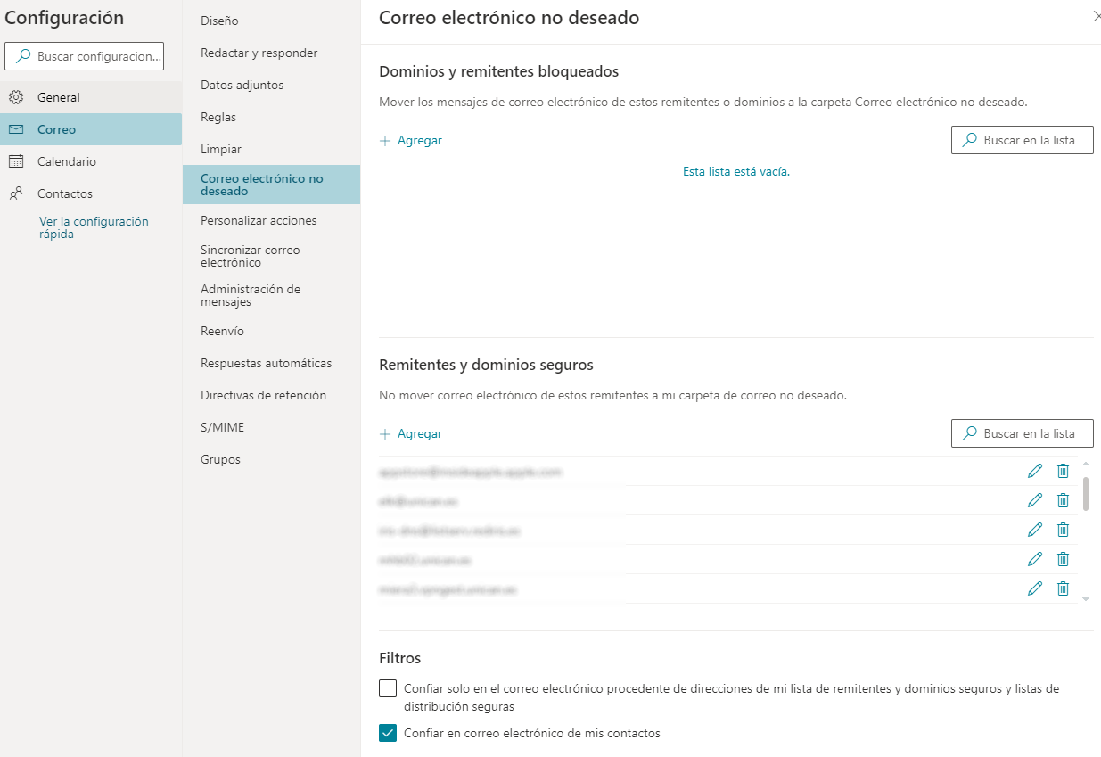 Opciones de correo electrónico no deseado en el correo web UC