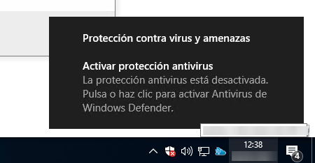 Advertencia de Windows al desinstalar el antivirus existente.