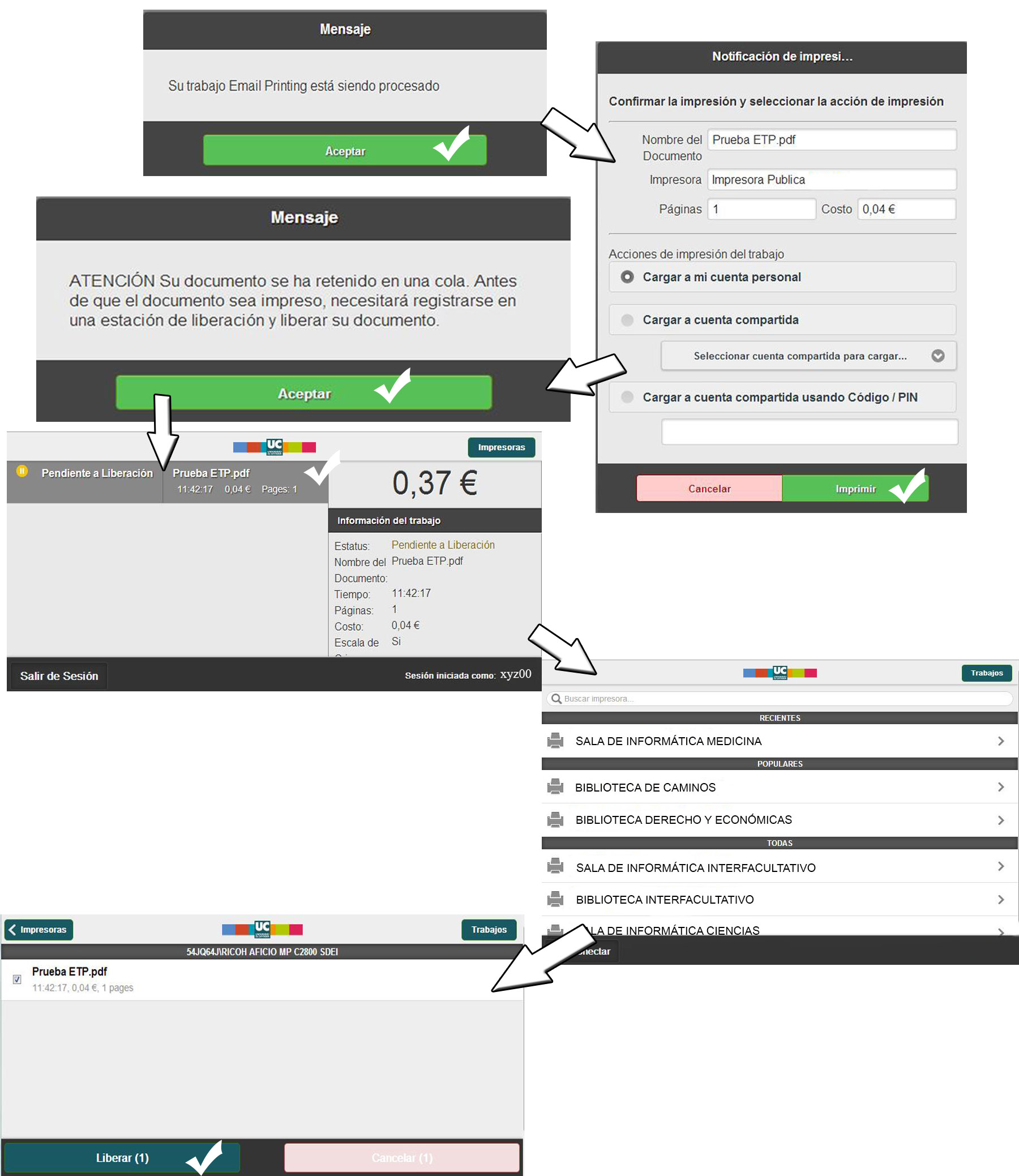 Proceso de impresión, liberación y recogida de un documento en EmailToPrint SIUC