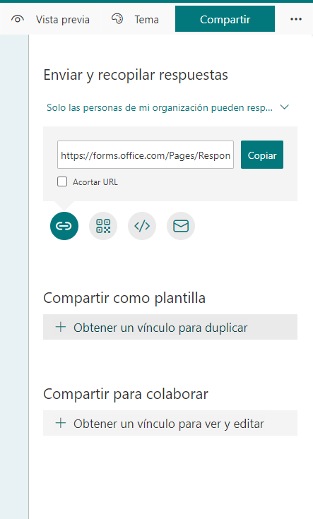 Opciones para compartir un formulario con usuarios