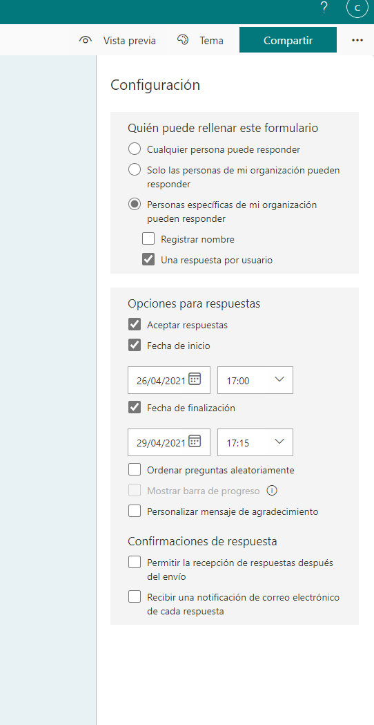 Configuración de Office Forms