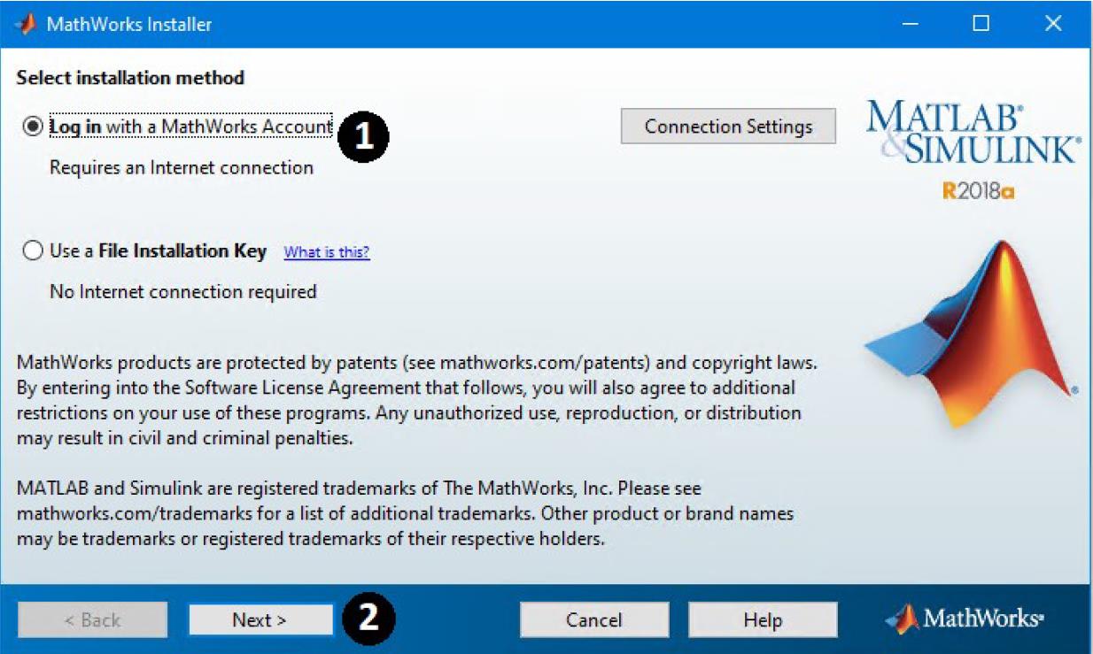Opción de "Validación con cuenta Mathwork" en la instalación de Matlab