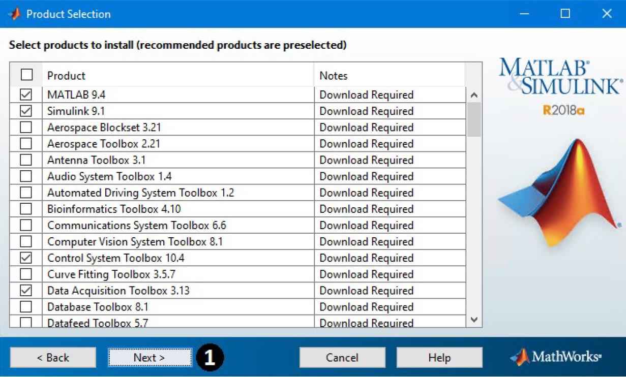Elección de los módulos de Matlab a instalar