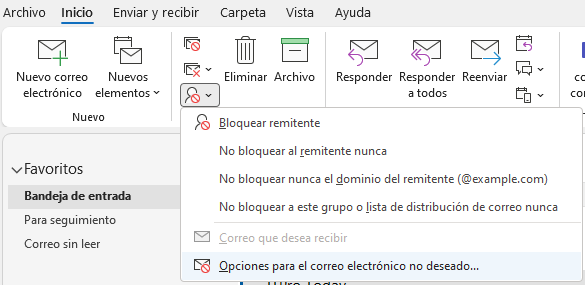 Opciones de correo electrónico no deseado en Outlook