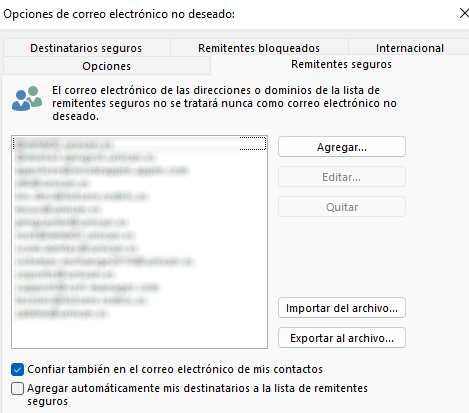 Ventana de propiedades de las opciones de correo electrónico no deseado en Outlook