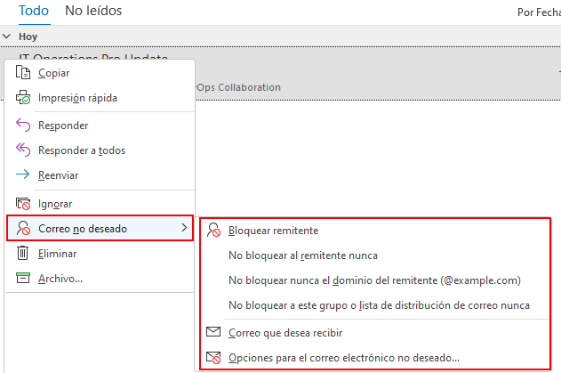 Opción "Correo no deseado" en menú contextual de un correo en Outlook