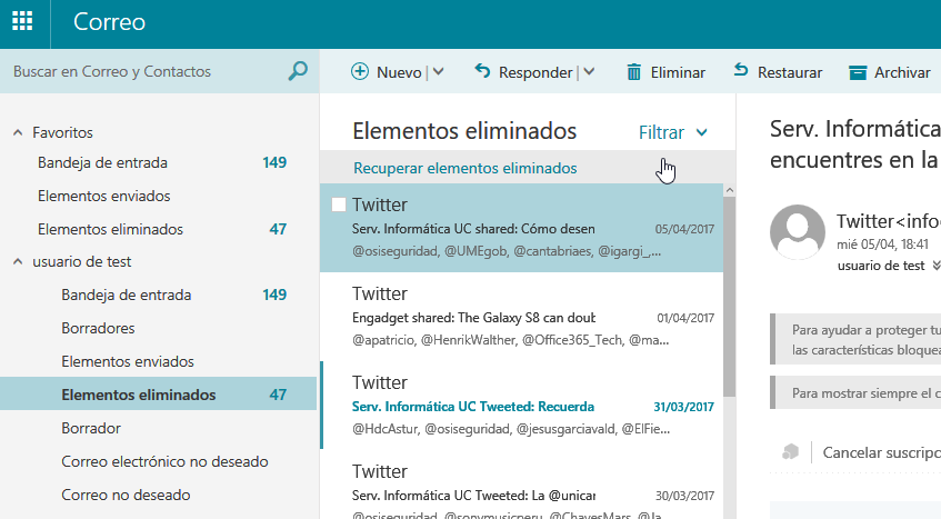 Acceso a "Recuperar elementos eliminados" en el correo web UC