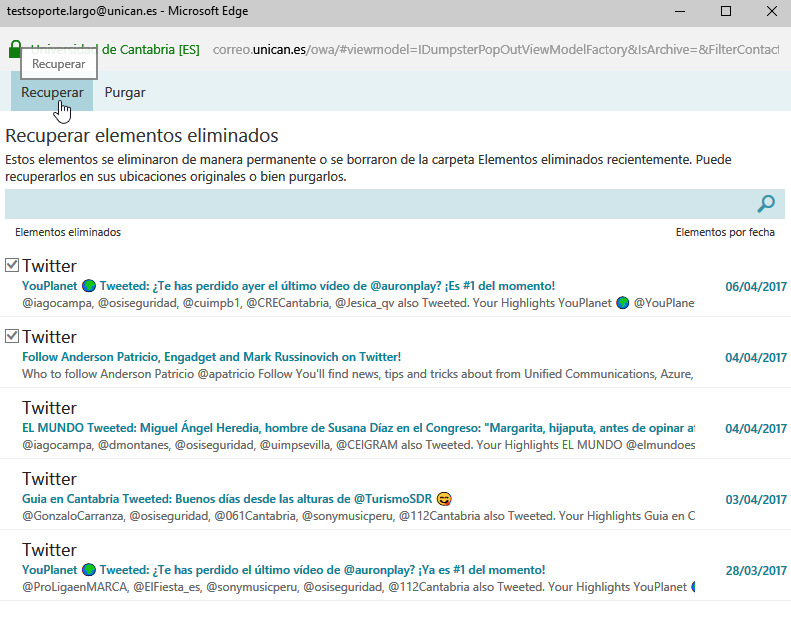 Ventana de recuperación de elementos eliminados en correo web UC