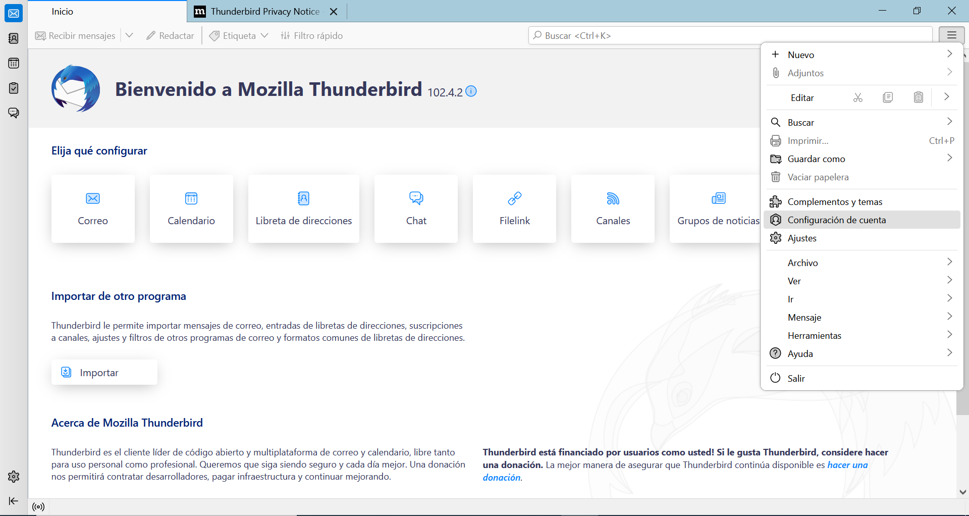 Acceso a "Configuración de las cuentas en Thunderbird"