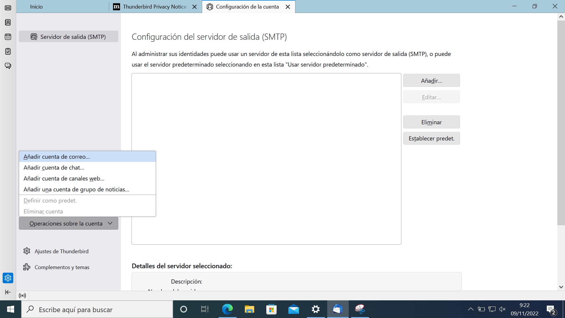 Añadir cuenta de correo en Thunderbird