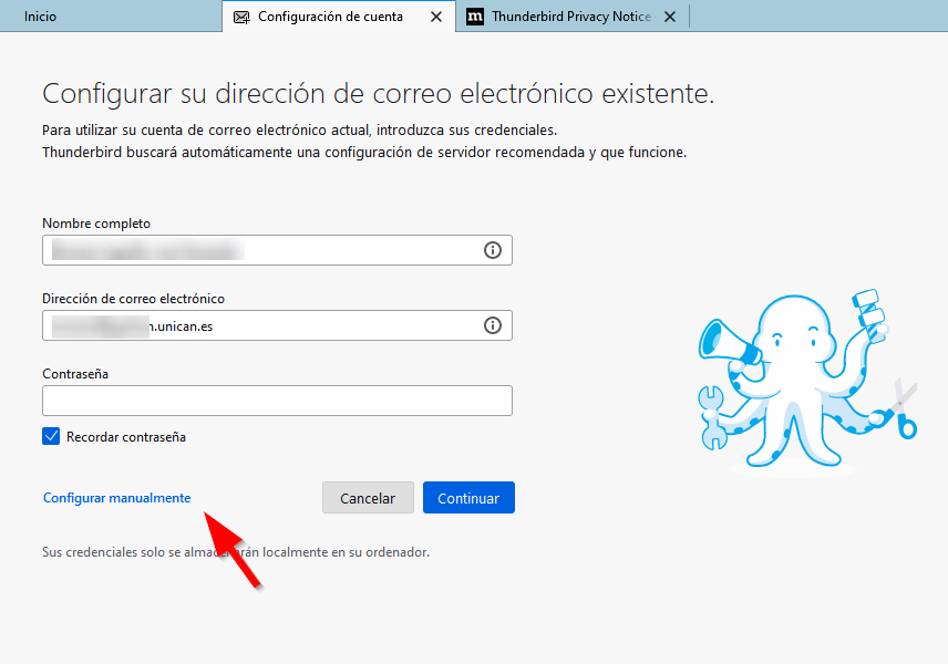 Introducción de datos básicos en la configuración de la cuenta de correo en Thunderbird