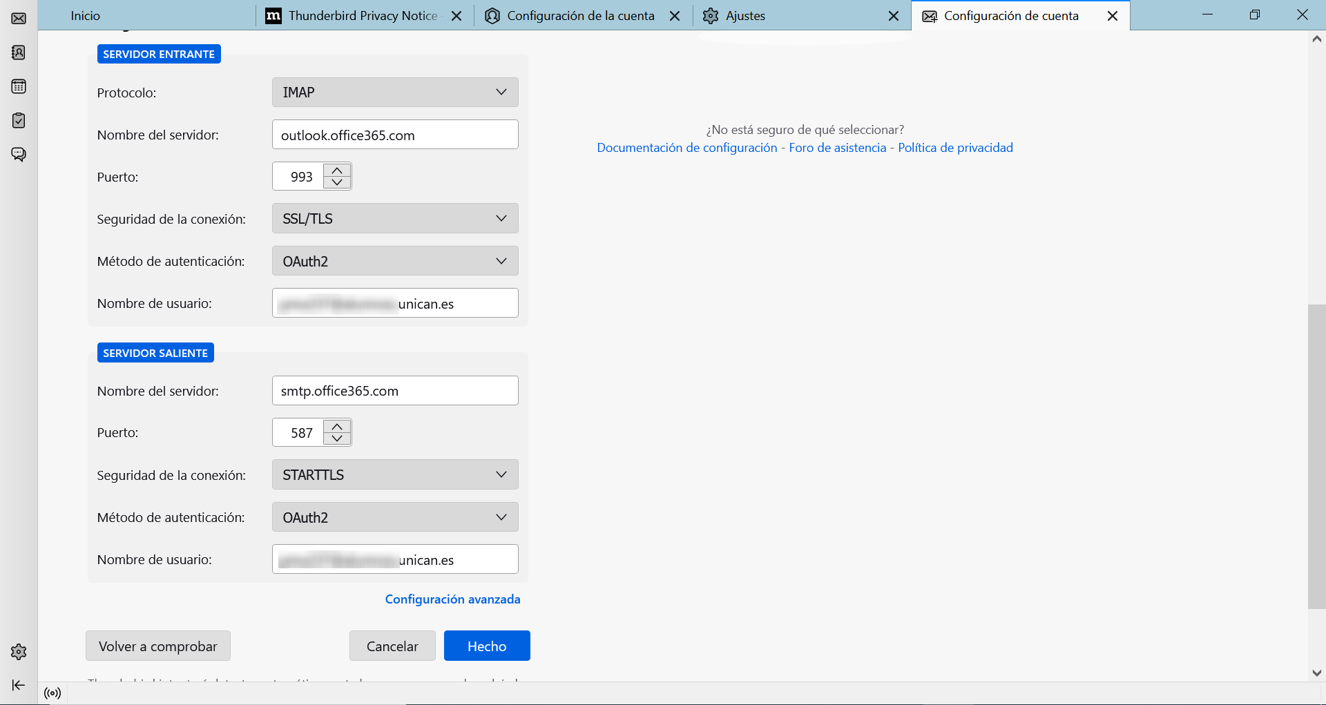 Configuración manual de datos avanzados al configurar una cuenta de correo en Thunderbird