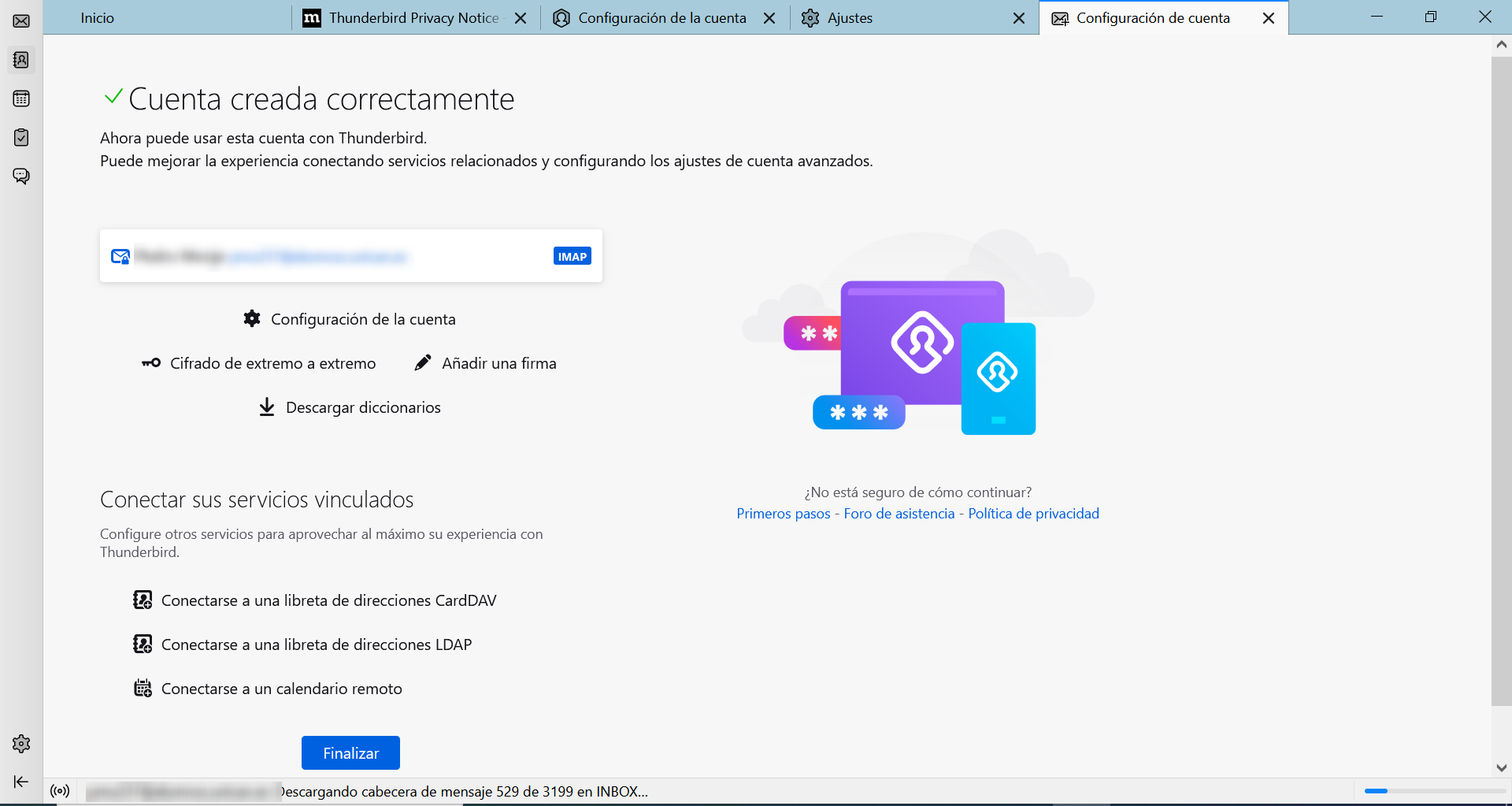 Ventana con mensaje de éxito al crear una cuenta de correo en Thunderbird