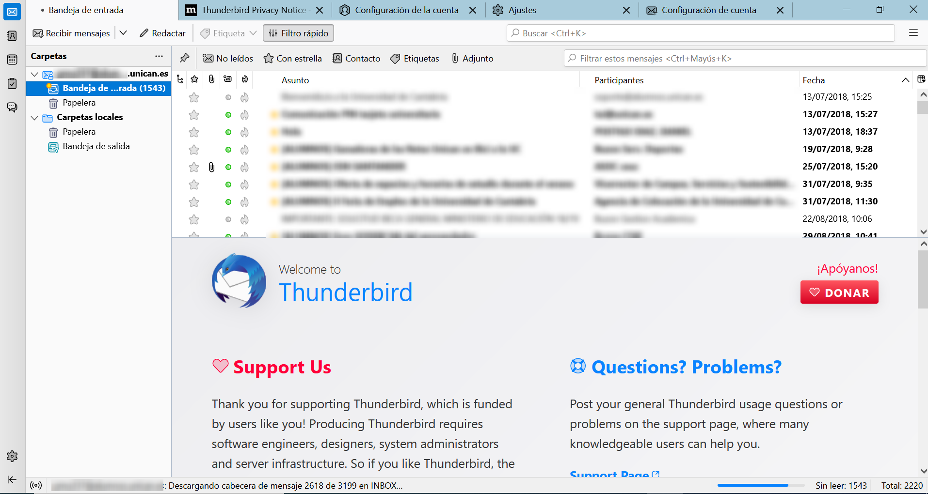 Vista de la interfaz de correo en Thunderbird