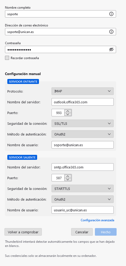 Datos de la configuración del buzón común en Thunderbird