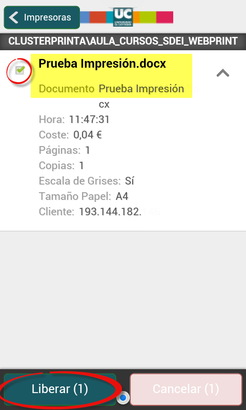 Confirmación de trabajo a liberar