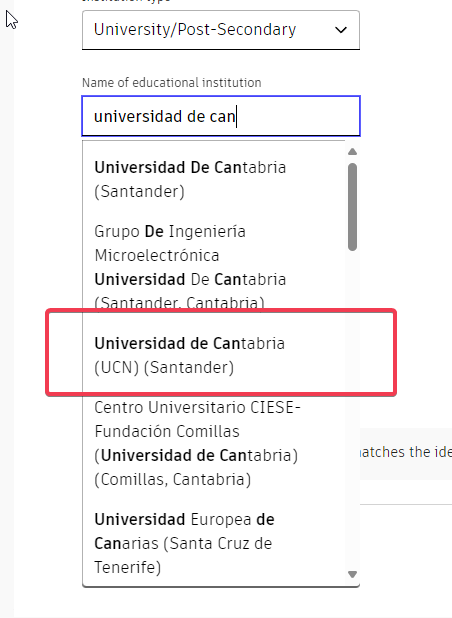 Selección de la UC como institución universitaria en el portal de educación de Autodesk