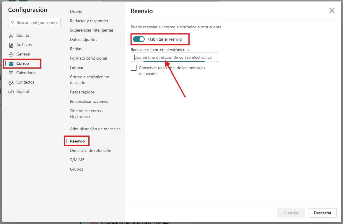 Configuración del reenvío del correo en el correo web UC