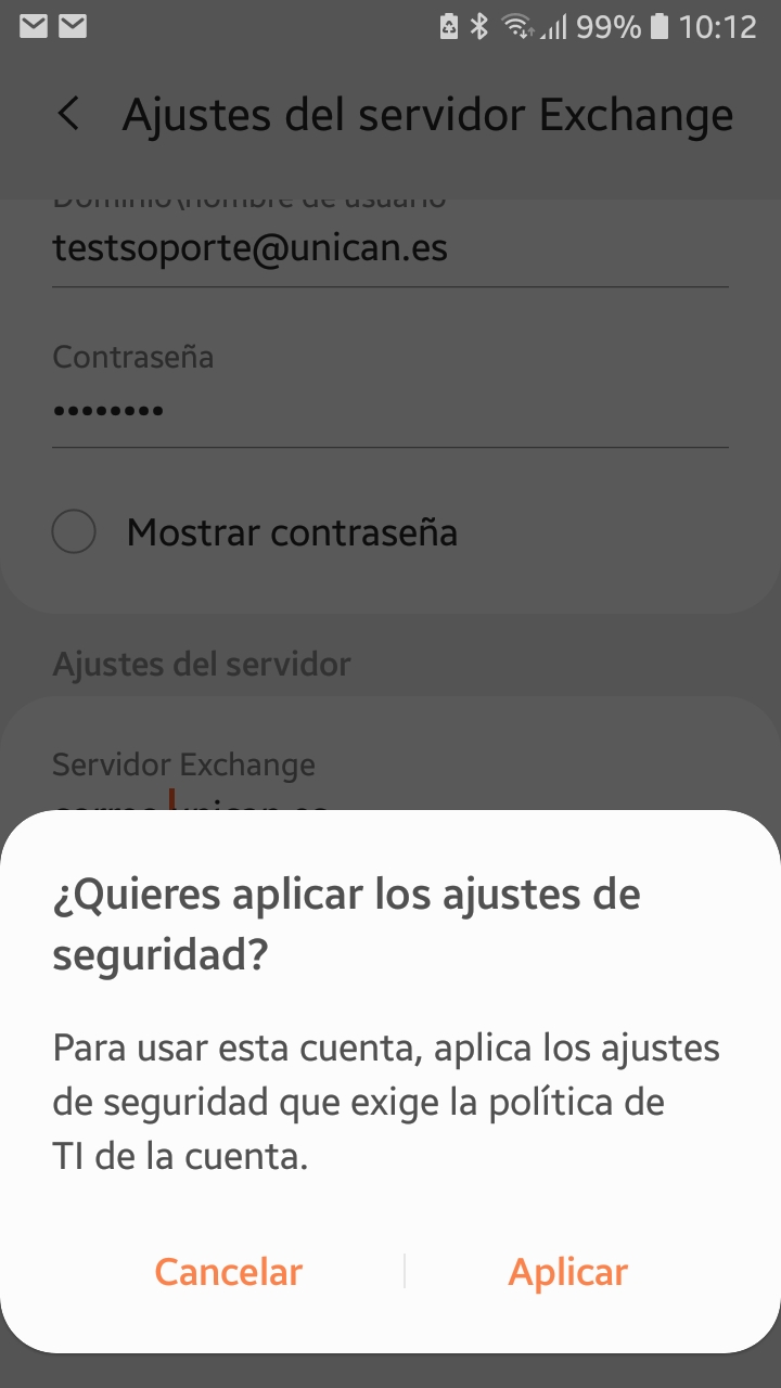 Ajustes de seguridad por política TI al configurar el correo en Android
