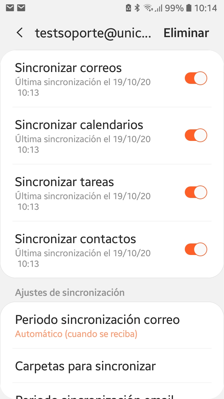 Opciones de sincronización de elementos de la cuenta de correo