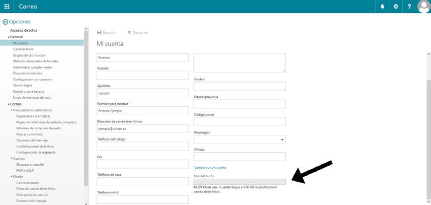Ubicación del tamaño del buzón de correo en el correo web UC