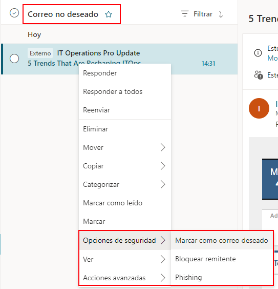 Opciones de seguridad en el menú contextual de un correo en el correo web UC