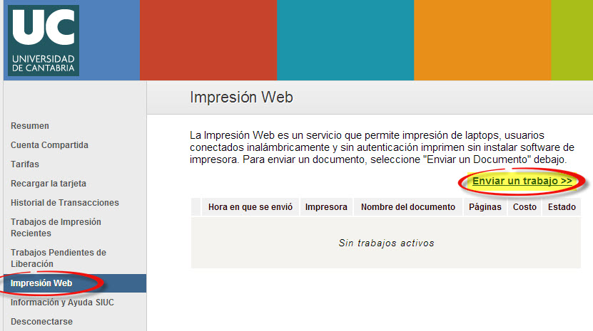 Envío de trabajo en apartado "Impresión Web" del SIUC