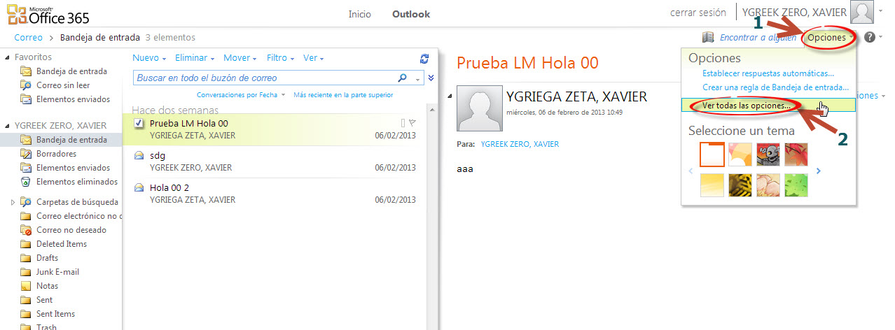 Acceso a las opciones en el correo web UC