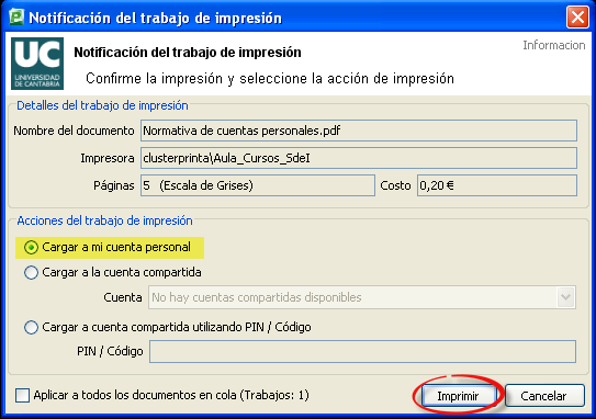 Opciones de impresión tras validar en el SIUC