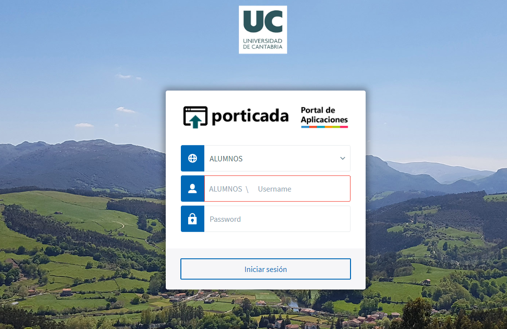 Elección de colectivo e introducción de credenciales en Porticada