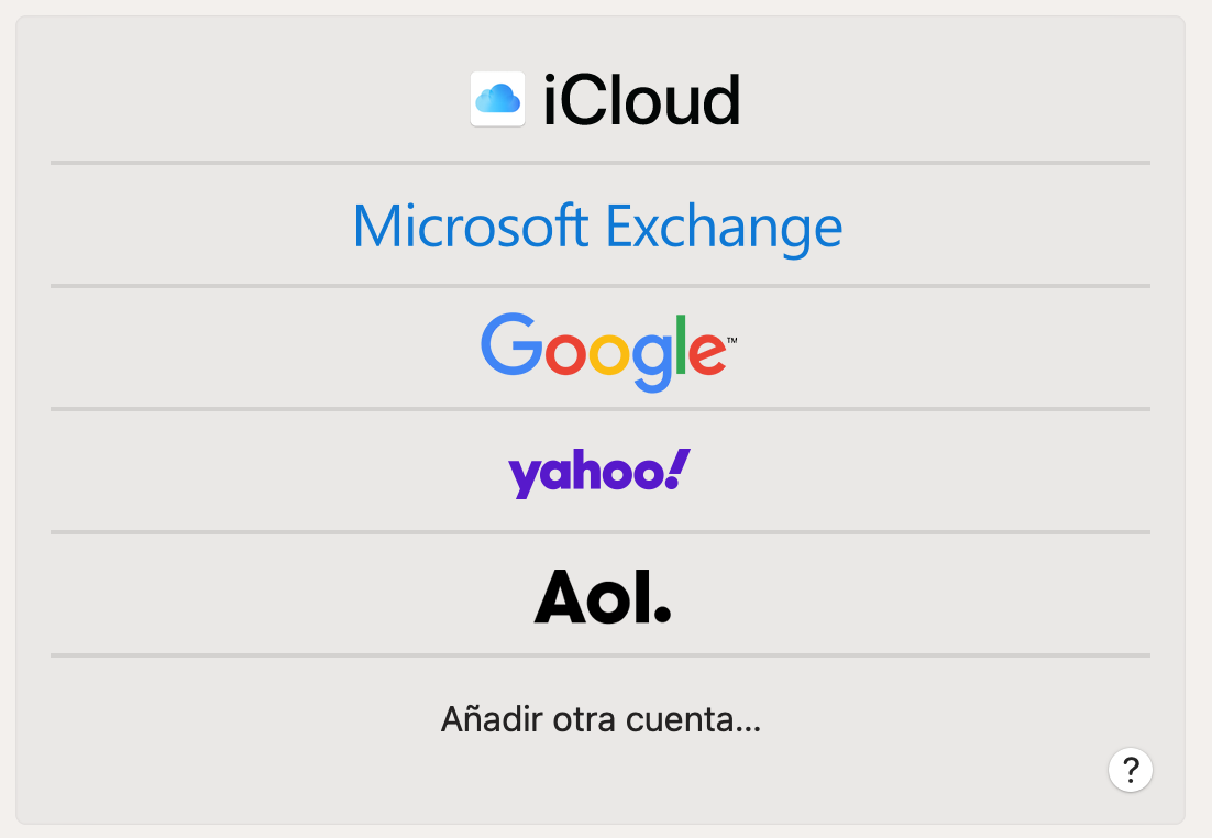 Listado de tipo de cuentas en Mac Mail
