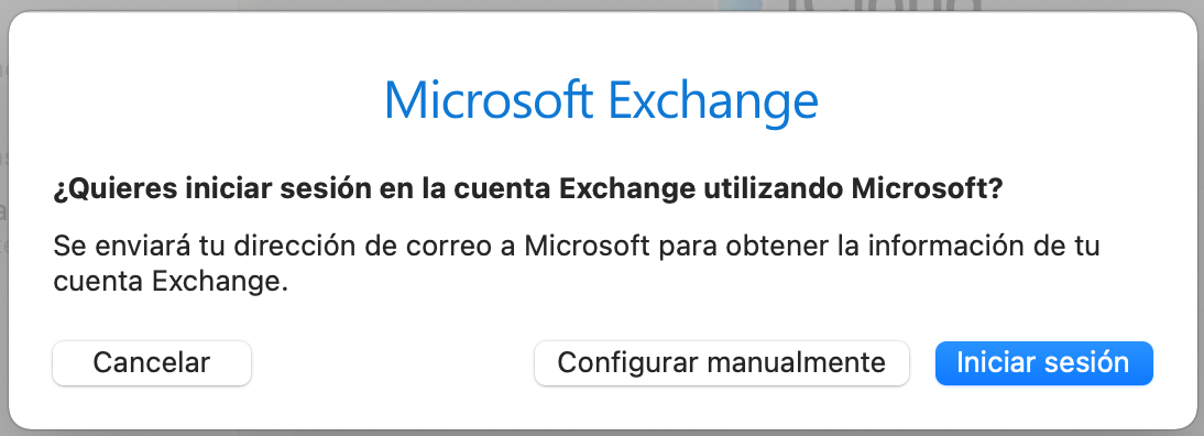 Inicio de sesión en cuenta Exchange utilizando Microsoft en Mac Mail