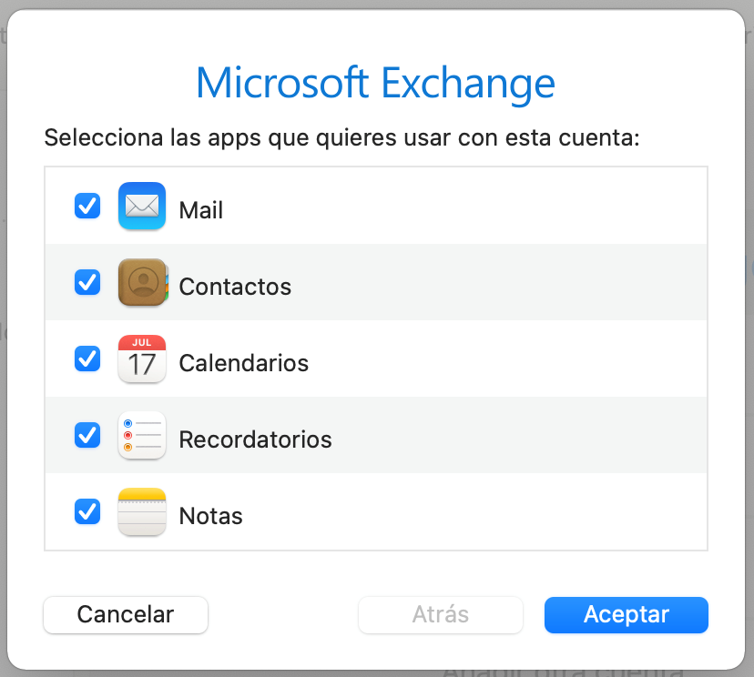 Opciones de sincronización de elementos Exchange