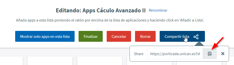 Opción para compartir lista de aplicaciones en Porticada