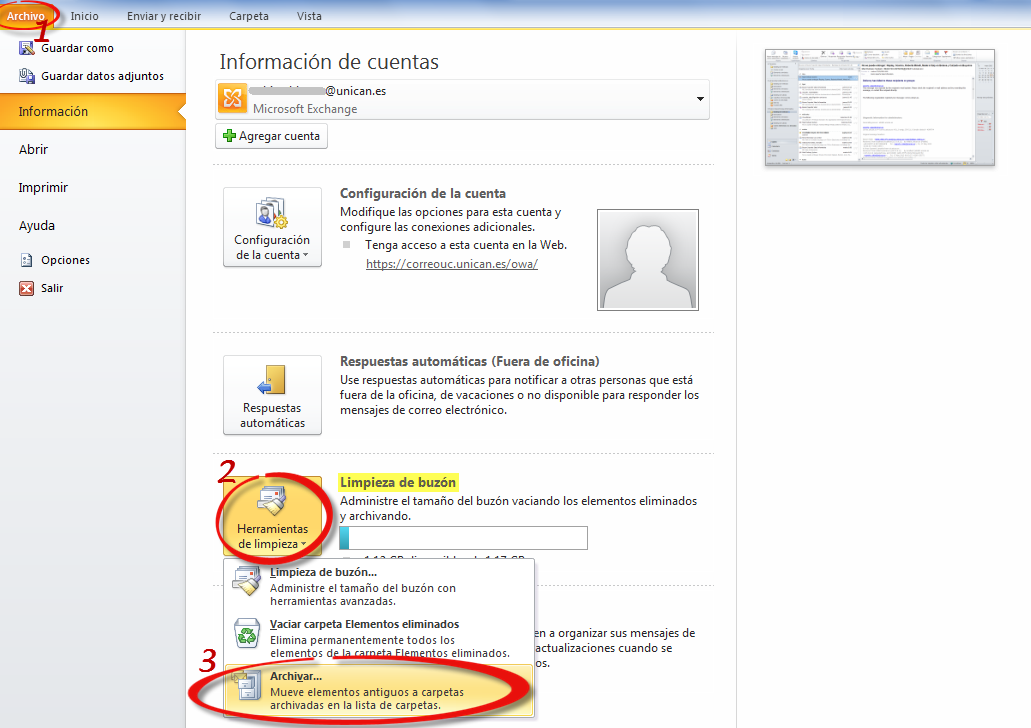 Ubicación de la herramienta archivar en Outlook