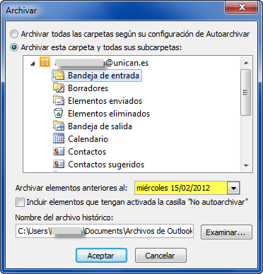 Opciones de la herramienta "Archivar"
