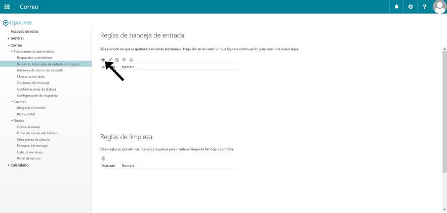 Añadir nueva regla de correo en Correo Web UC